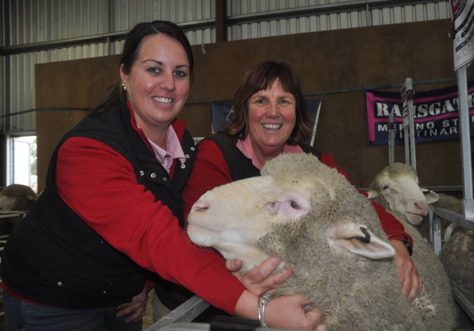 RAM SELECTION: Elders district wool managers Tegan Falkner and Steph Brooker-Jones inspect one of the rams on display at the recent South East Merino Field Day at Keith.