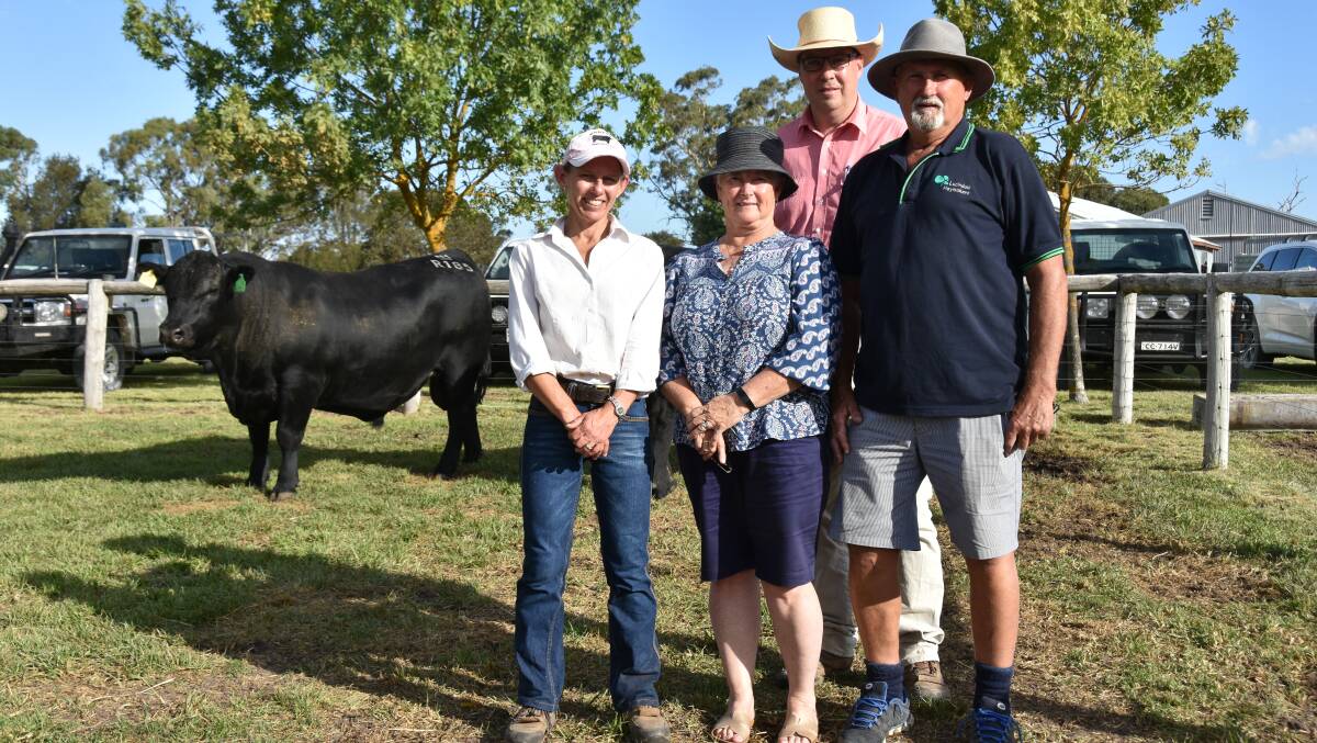 Nampara stud's Nat Hann and Elders auctioneer Ross Milne with Petrina and Geoff Smith, Shady Grove Partners, Lucindale who paid the equal top price.