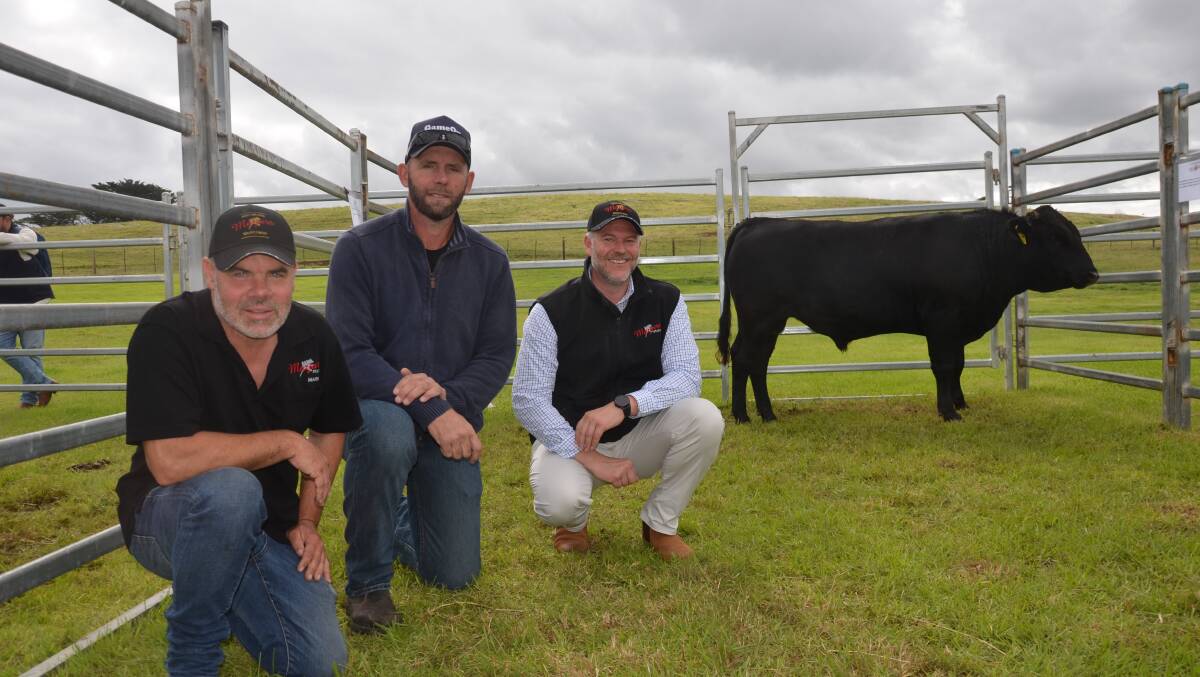 Mayura operations manager Mark Oliver, Redbank manager Darren Jenke and Mayura's Scott de Bruin with their $74,000 top priced bull, Mayura Stallone S2581 Pictures by Catherine Miller