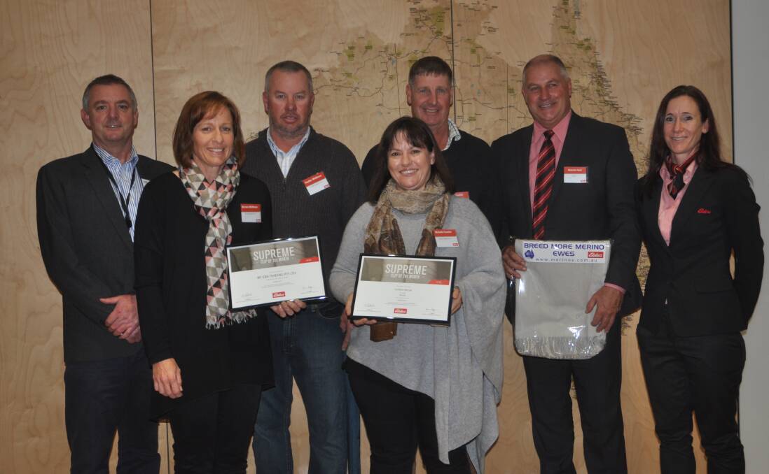 Elanco Animal Health sponsor Greg Densley with Michelle and Hayden Whittlesea, Michelle and Paul Cousins, Mt Eba Trading via Woomera, Elders' Malcolm Hunt and Elders district wool manager Alice Wilsdon. Mt Eba were the June 2017 Elders Clip of the Month winners.