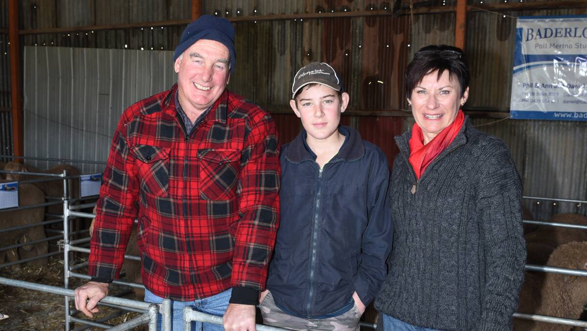 Long-time Baderloo client Brenton Palmer and his 13-year-old son Ross and stud principal Ann Hammat at the stud's inspection day.