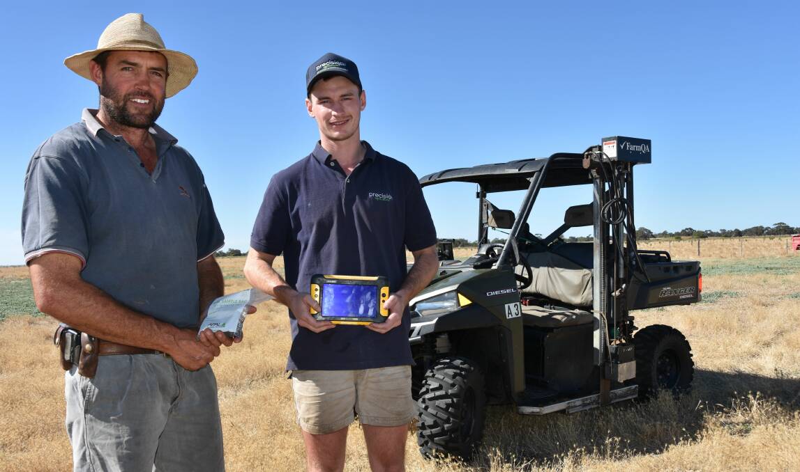 PRECISION SAMPLING: Keilira farmer Lachie Stewart, with Precision Agriculture field technician Daniel Bell, in one of his grazing paddocks.