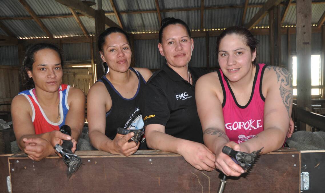 TEACHING TIPS: New Zealand female shearers Teatakura Crawford, Kerry Jo Tehuia and Pagan Karauria with Nat Chilcott (second from right), Lucindale, were instructors at the workshop at Moyhall, Naracoorte, at the weekend.