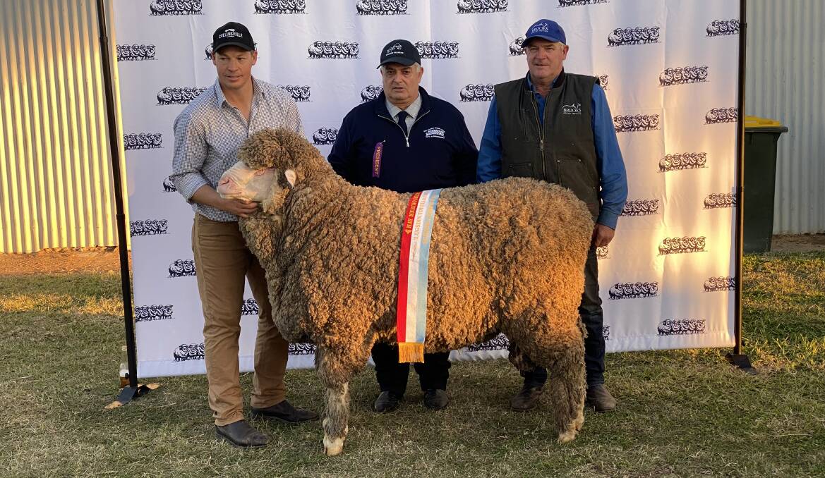 Collinsville stud's Tim Dalla holds their supreme exhibit with Hay Sheep Show president Ian Lugsdin and Tony Brooks, Brooks Merino Services.