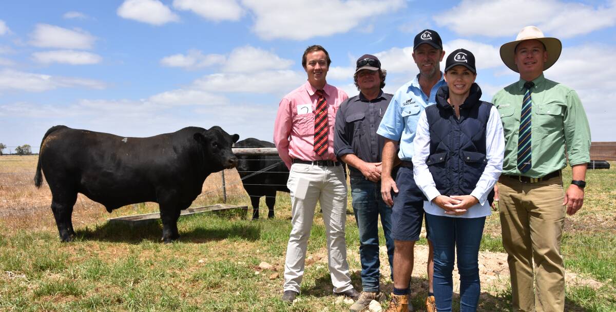 STAR PERFORMER: Elders' Ronnie Dix and Landmark's Gordon Wood (right) with the $16,000 top priced buyer Drew Maxwell, Brooklyn Station, Lucindale and Glatz's stud principals Ben and Samantha Glatz.