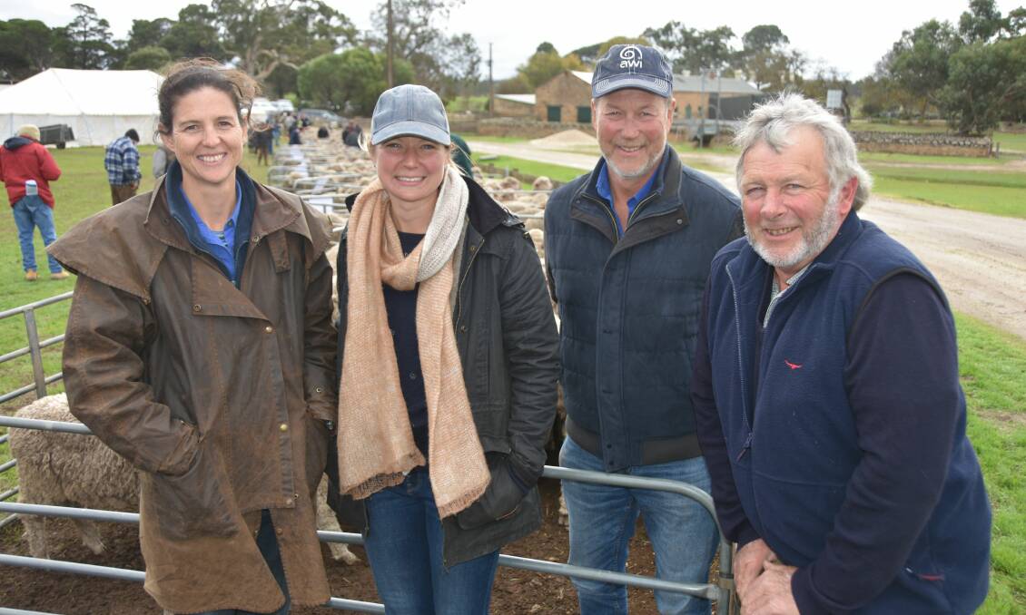 GENETIC TEST: SA Merino Sire Evaluation site coordinator Anna Cameron with site hosts Georgie Keynes and her father Joe Keynes, and site chairman Roger Fiebig at last week's field day.
