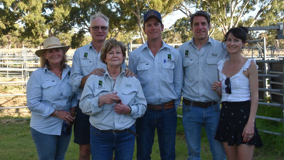 Hillcrest Pastoral Company's team Libby Creek, Hugh and Clare Bainger, Michael Keough, Wendelin Gross and Alexis Bainger at the Sterita Park sale. The long-time clients bought 11 bulls for their Conkar Ridge property. Picture by Catherine MIller