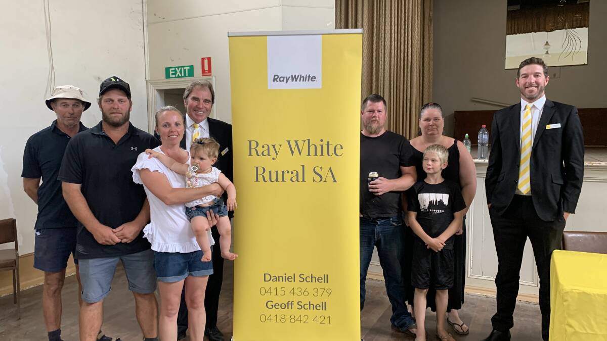 Geoff, Mark and Brooke Humble were the successful buyers of Roehrs at Marrabel a fortnight ago for $2.18 million. They are with Ray White Rural SA's Geoff Schell and Daniel Schell (right) and vendors Clinton and Jenna Nickolai and their son.