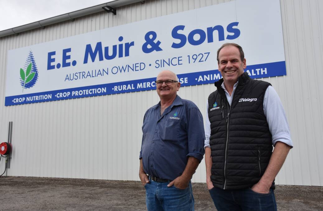 E.E Muir & Sons key account manager Scott Hetherington and national sales and marketing manager Will Gordon outside their new store in Penola's industrial estate which was opened last week. Picture by Catherine Miller