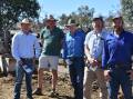 Wongawilli stud's Nathan Clarke (right) shows Tom Honner, Minlacowie stud, Brentwood, Craig Bittner, Curramulka and Peter Siebels, Siebo Forests, Myponga some of the sale bulls at their Keilira field day.