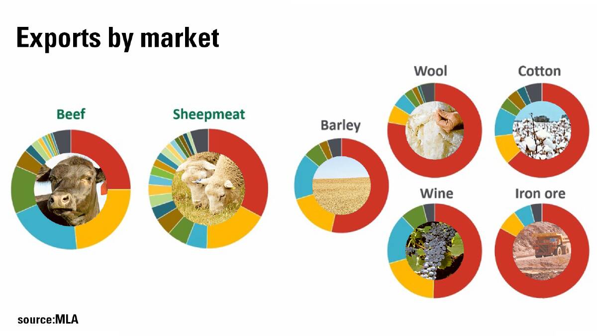 PLENTY OF COLOUR: Australian beef and sheepmeat relies far less on China, represented by red, than other commodities, according to Meat & Livestock Australia data.