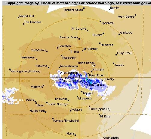 Totals are reaching 100mm in Alice Springs from the overnight storms. Graphic: Bureau of Meteorology.