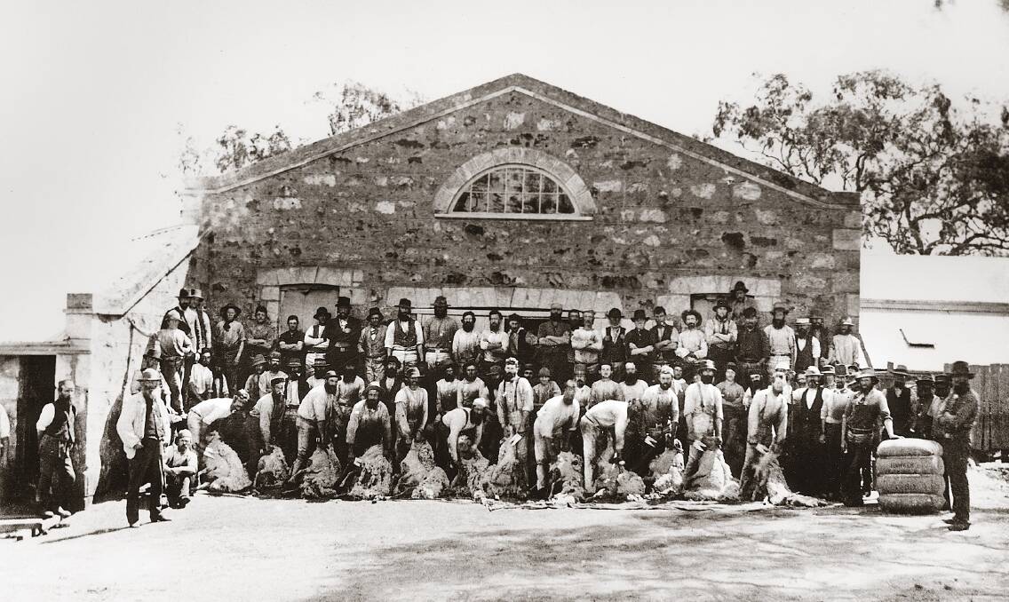 ALL HANDS: The Bungaree Station shearing team in 1882, when the property ran up to 100,000 sheep through the historic sandstone woolshed.