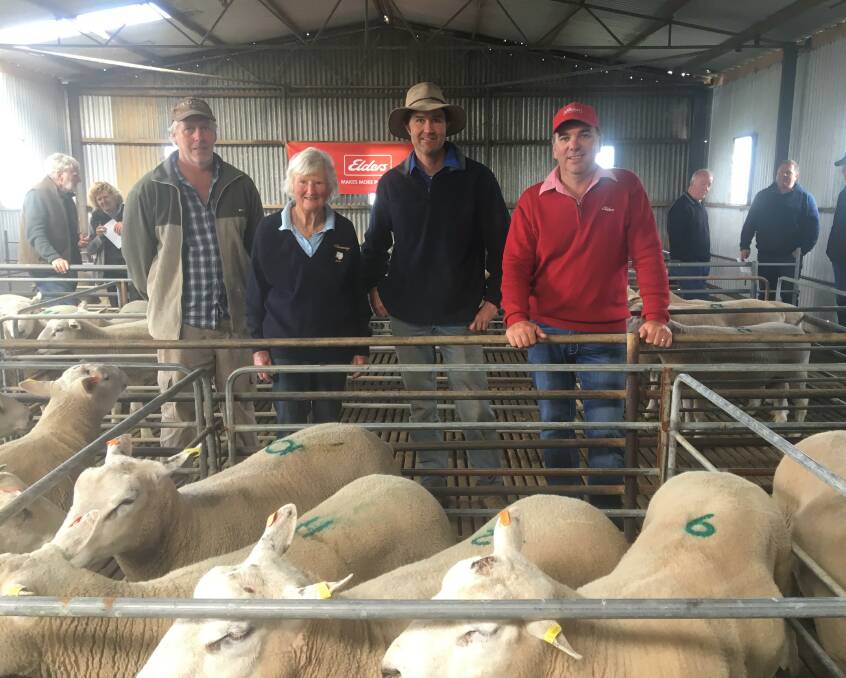 BUYERS: David McArdle bought rams for Newenham from Illawong's Charlotte Morley, while Byron Morley bought rams for The Tiers, with Brett Peters, Elders Strathalbyn.