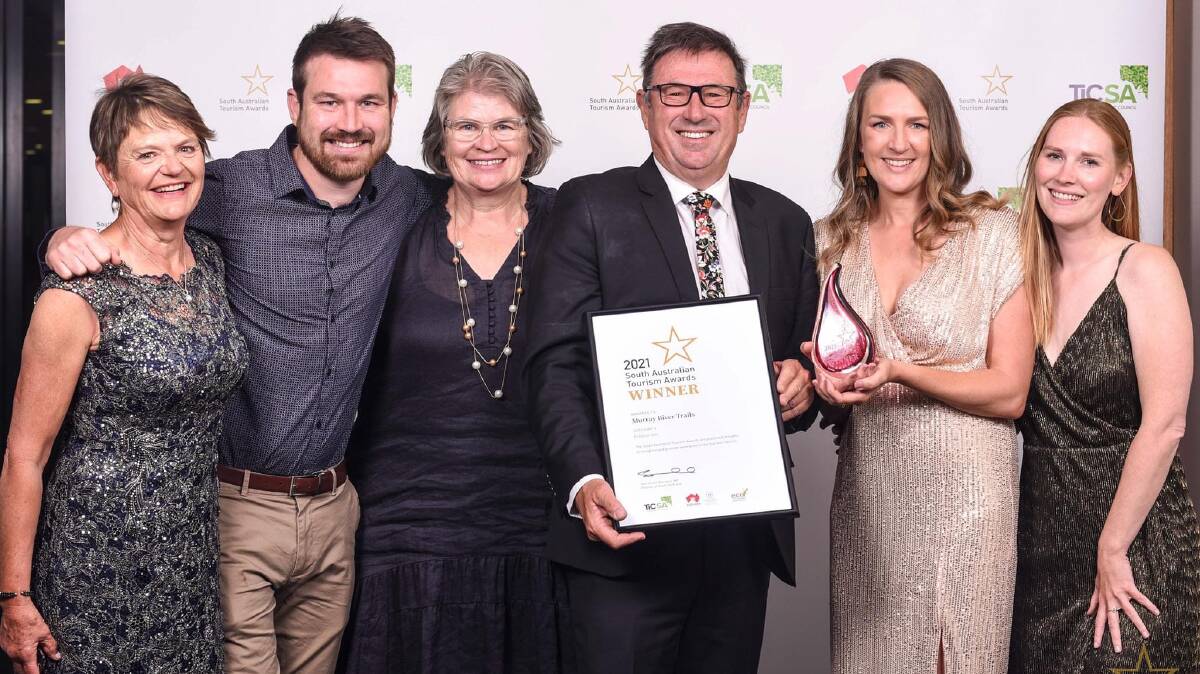 TEAM EFFORT: The tourism award-winning Murray River Trails team comprises guide Heather McNaughton, sales and marketing manager Sam Sharley, director Susie Sharley, managing director Tony Sharley, operations manager Lauren Ward and guide Kaila Willis.