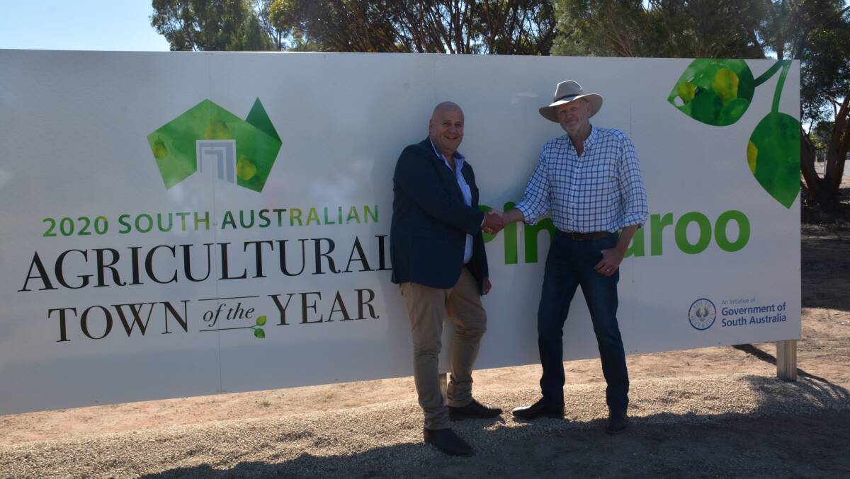WIN: Primary Industries Minister David Basham with Southern Mallee District Council Mayor Jeff Nickolls after Pinnaroo was named 2020 Agricultural Town of the Year.