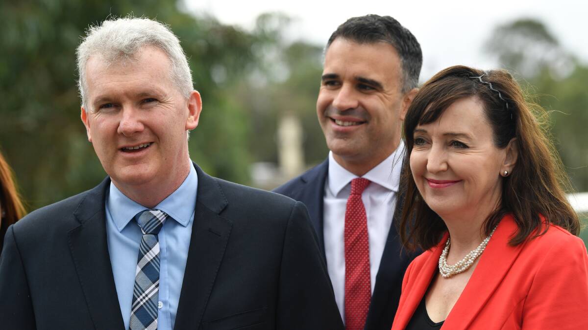 BIG CALL: Federal Labor environment and water spokesman Tony Burke with SA opposition leader Peter Malinauskas and opposition water spokesperson Susan Close in Adelaide last week. Photo: AAP/DAVID MARIUZ