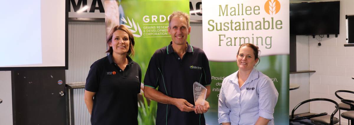Mallee Sustainable Farming executive officer Tanja Morgan, award recipient Robin Schaefer and Dr Therese McBeath, CSIRO.