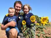 GOLDEN CROP: Freeling farmer Corbin Schuster with daughters Evelyn, 1, and Madeline, 5, and the sunflowers that are raising money for charity.