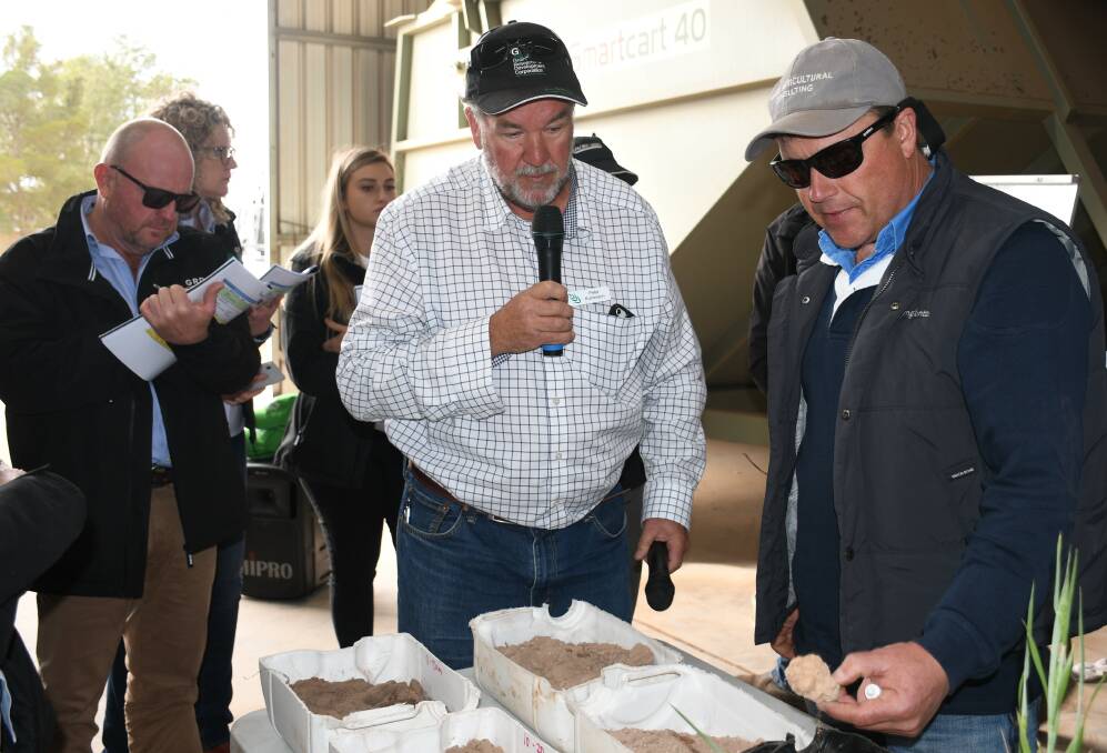 Calcareous constraints: Mudamuckla graingrower Peter Kuhlmann discusses calcareous soils constraints with agronomist Andy Bates during a tour of the Eyre Peninsula in 2019. Photo: GRDC