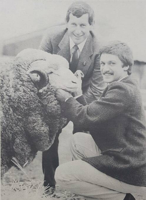 1986: Collinsville Merino stud, Mount Bryan, sold this ram for a world record $102,000. Pictured are stud principal Neil Garnett and buyer Hernan Baldassarre, Argentina.
