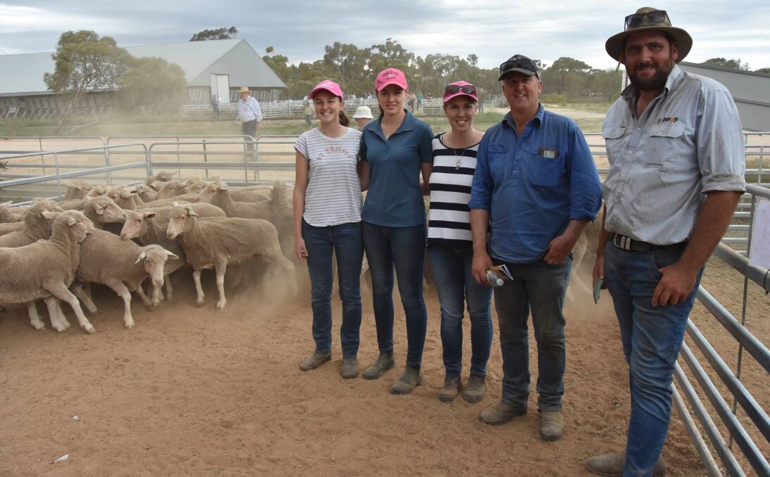 CHANGE TACK: Eliza, 14, Kayla, 17, Julie and Brad Wallis, Pinnaroo, dispersed about 520 head at the PPH&S offshears sale on Friday. They are with Paul Kinnaird, PPH&S.
