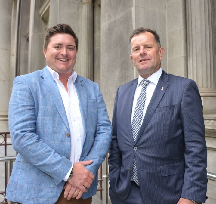GPSA chairman Wade Dabinett with Primary Industries Minister Tim Whetstone at Parliament House on Tuesday, where they announced a bill would be introduced to remove the GM crop moratorium on mainland SA.