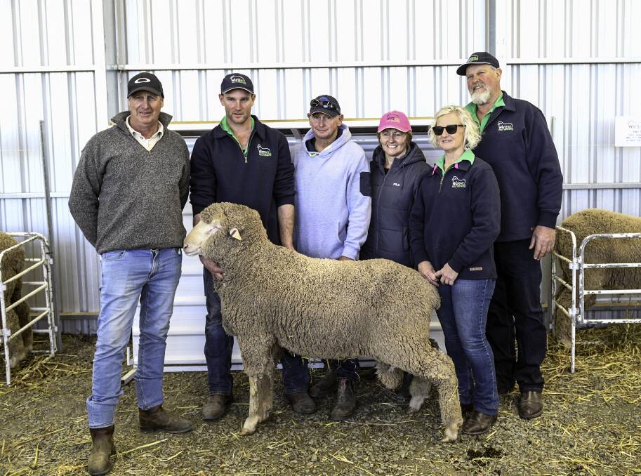 GOOD WOOL: Stud consultant Paul Cousins; Whitehill's Dale Button; top price ram buyers Stephen and Sheralee Waldhuter; and Whitehill's Herb and Chris Ruediger.