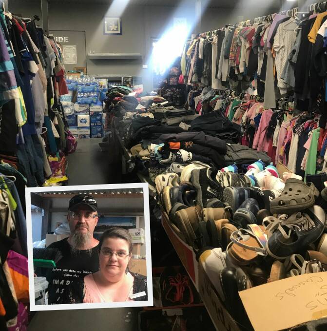 STOCK UP: Tony and Catherine Newley (inset) volunteer at the Island Care op-shop in Kingscote, which has become a donation point during the Kangaroo Island fires. 