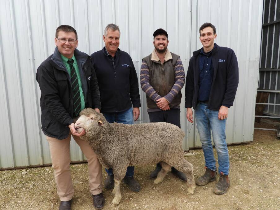 Michael Lawrence, JPLS Livestock, with Malleetech stud principal David Smith, top ram buyer James Moore and Harley Smith, Malleetech. Picture supplied.
