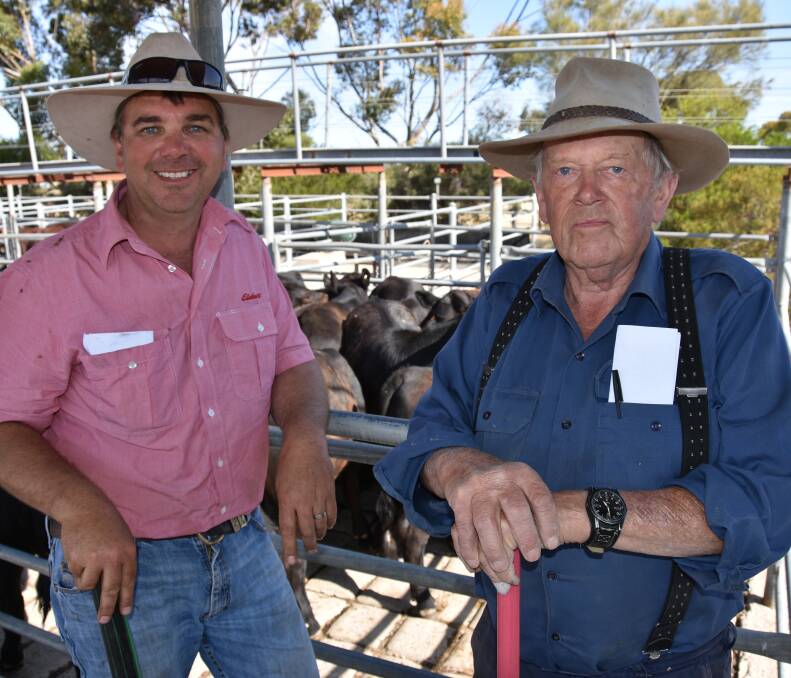 HELPING HANDS: Elders Mount Torrens' Brett Peters with Bill Klabsch, Bugle Ranges, checking cattle in for the Strathalbyn store cattle market on Friday.