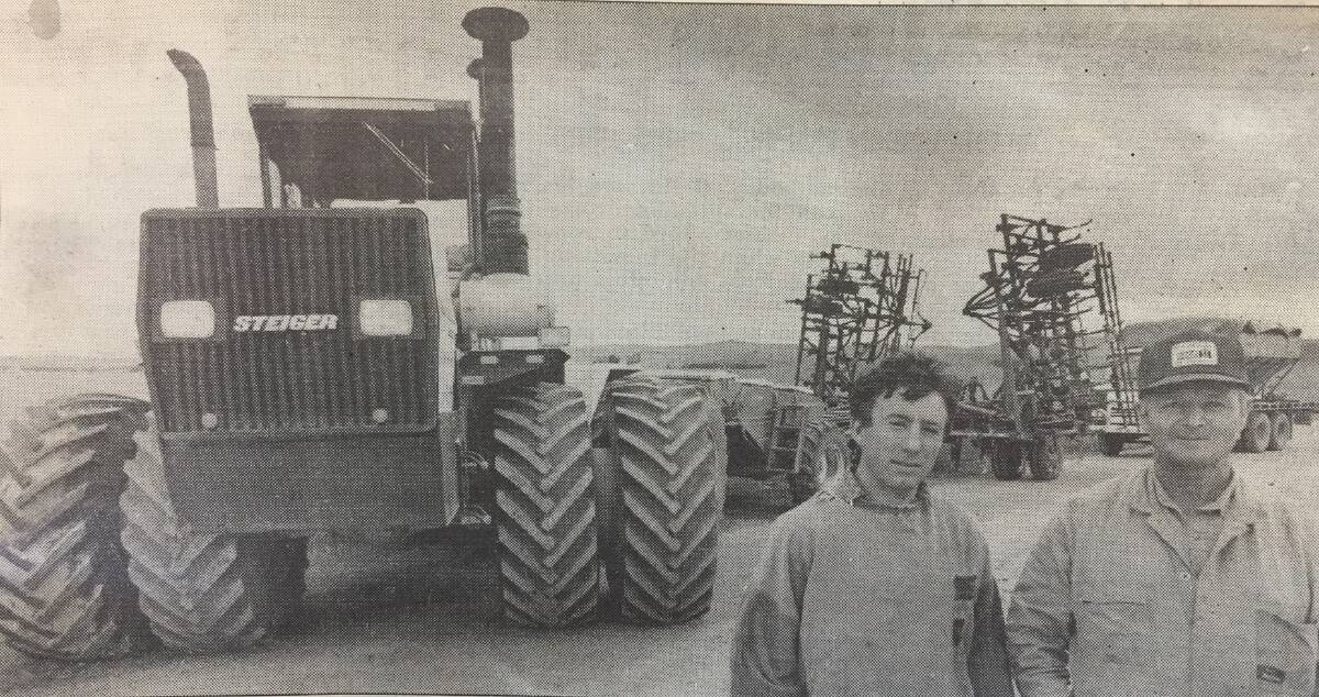 BACK WHEN: Mid North contractor Peter McGuire (right) back in his contract seeding days with Adam Sullivan, Old Greenfields, Hallett (Stock Journal, August 5, 1993).