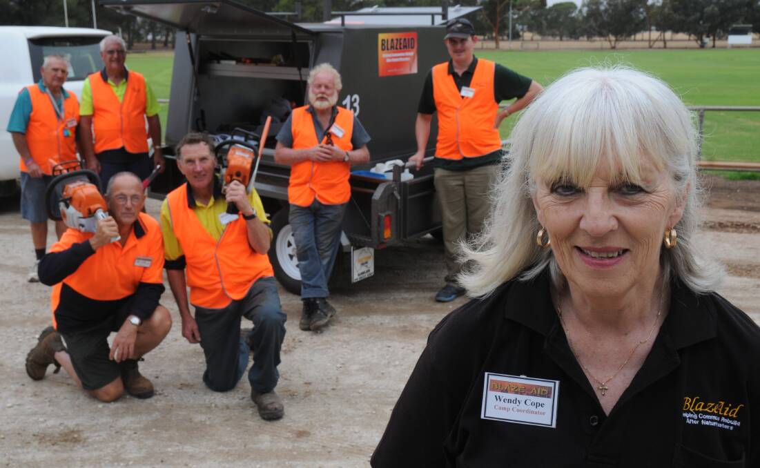 HELP: Roseworthy BlazeAid site manager Wendy Pope with volunteers Warren Isgar, Max Ronalds, Rob Kemp, Steven Peterson, Mick Tomalin and James Graetz.