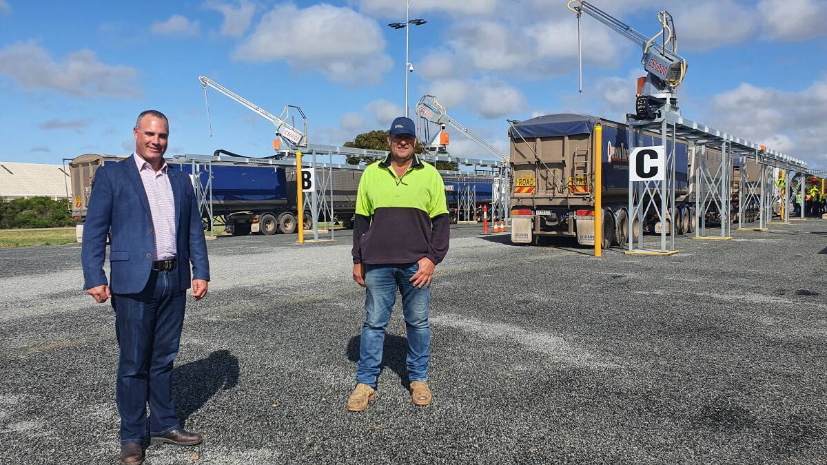 Viterra Western region operations manager Nick Pratt with grower and Strategic Site Committee chairperson Mick Dahlitz in front of the new infrastructure.