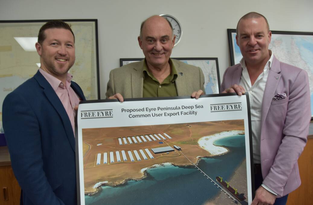 LOCATION BOUGHT: Free Eyre strategic advisor Adam Chilcott, chairman John Crosby and chief executive officer Mark Rodda with the proposed Port Spencer development.