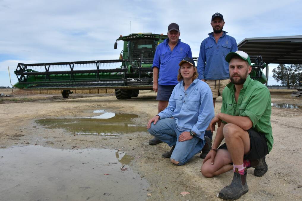 Frances mixed farmer Wayne Hawkins (back left) said he remarked to his workmen Brad Keast (back), Henry Falkenberg and Joel Thomson that they should take note of this season because it was a rare occurrence to have both high crop yields and high grain and legume prices, plus high livestock returns.