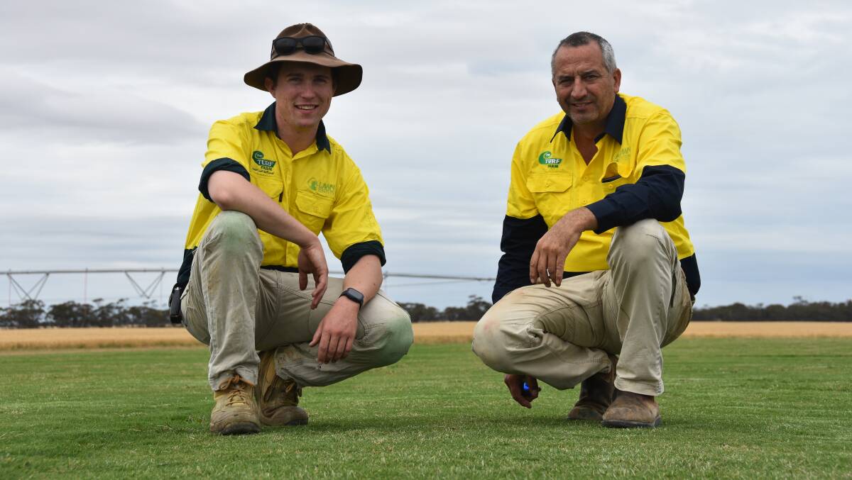 TUF STUFF: Turf farm manager Michael Hardie and owner Paul Daniel grow irrigated instant lawn alongside a cropping operation at Pinnaroo. 
