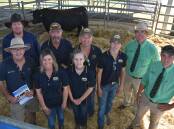 SUPREME LOT: Lachie McKenzie, Bruanlea, Coleraine, Vic, and James Rolley, Harrold Pastoral, Penola, with the Yerwal Estate team of Concetta Maglieri and Trevor, Regan, Lacey, 11, and Mitchell Burow, 14, and Nutrien's Richard Miller and Mitchell McAnaney. 