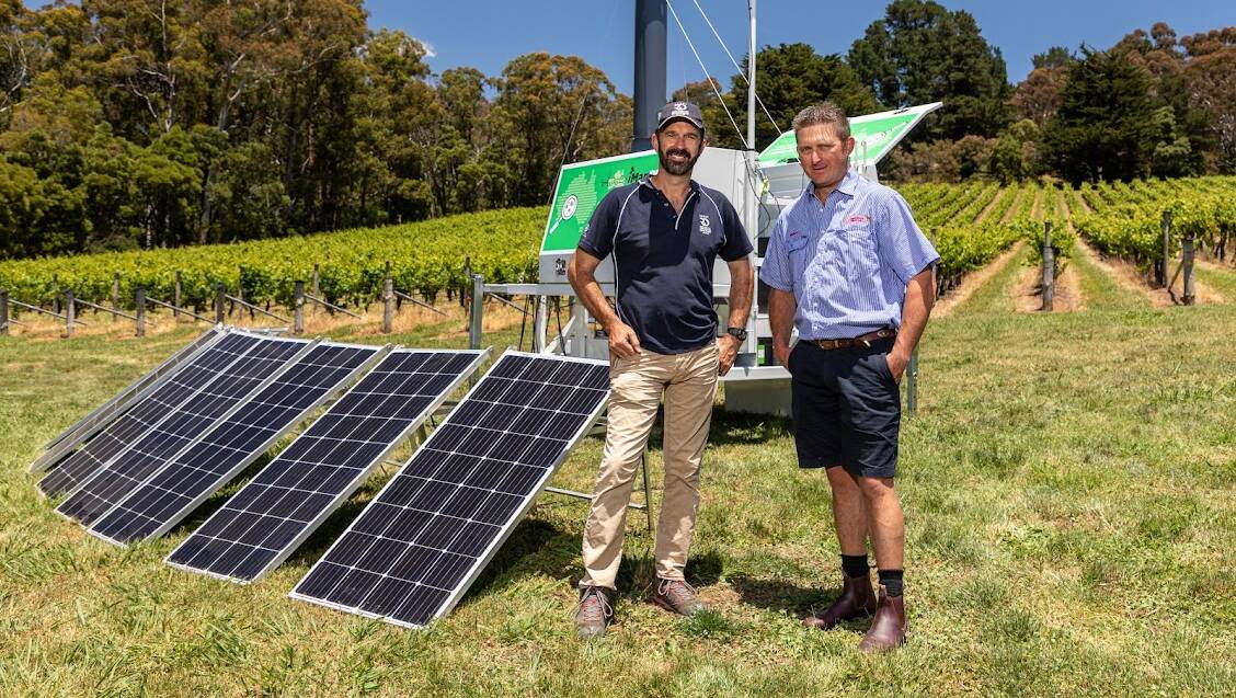 SARDI senior scientist Rohan Kimber with Adelaide Hills vegetable grower Richard Cobbledick and the Sentinel 7 technology.