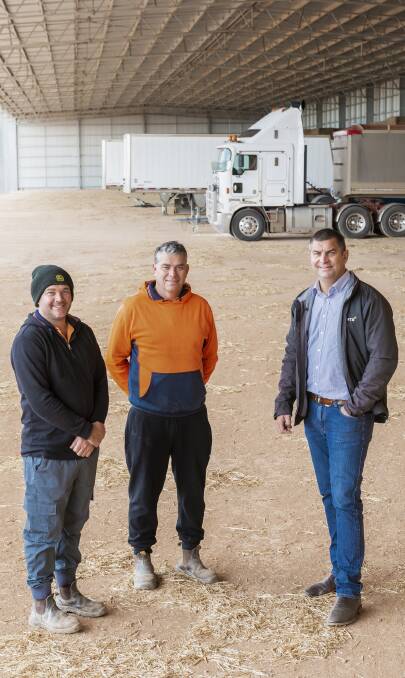 NEW PARTNERSHIP: Josh and Matthew Vandeleur of Eyre Premium Hay with T-Ports business development and client relations manager Tim Gurney. Photo: BARB WOOLFORD