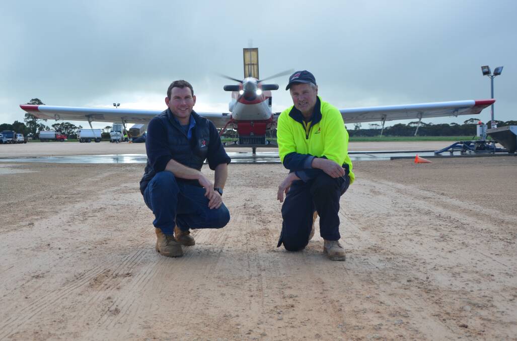 FREQUENT FLYERS: Aerotech ag pilot Geordie Crawford and West Coast operations manager Matt Sheehan have been putting in long hours from the Cummins airstrip.