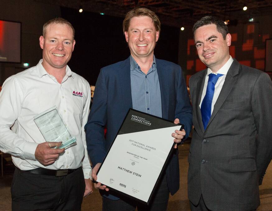A-Gas' Ben Dewit and Matthew Stein with Bayer Horticulture Grower & Channel Services marketing manager Peter Sullivan.