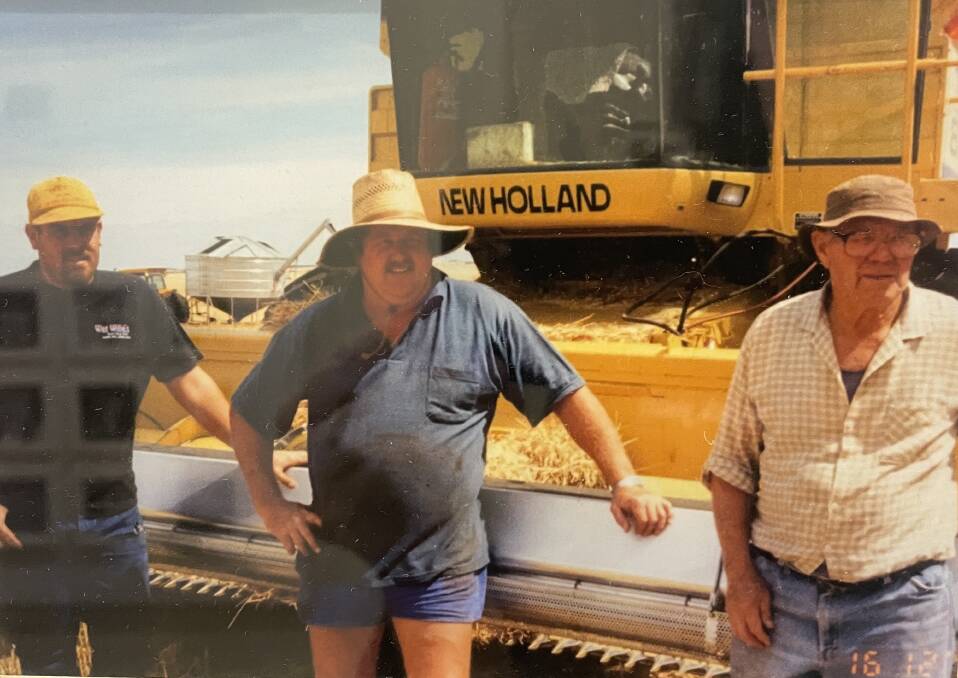 Ash, Paul and Ernest May during harvest in 1995.