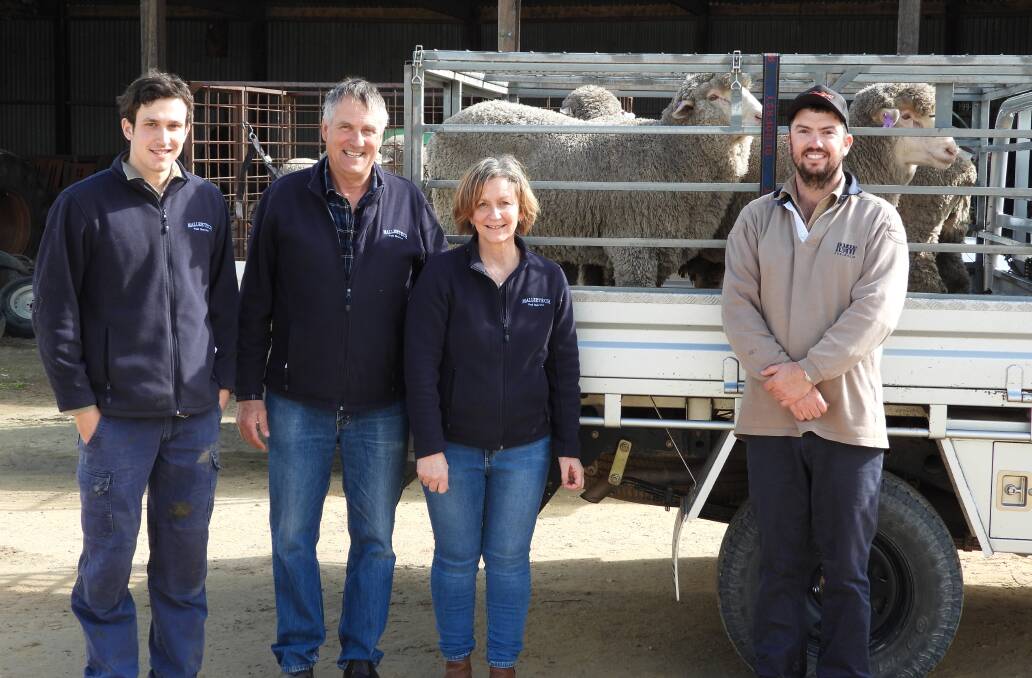 LOAD UP: Malleetech's Harley, David and Margaret Smith with top price ram buyer James Moore, Jamestown, who took home four rams in total, averaging $2333. 