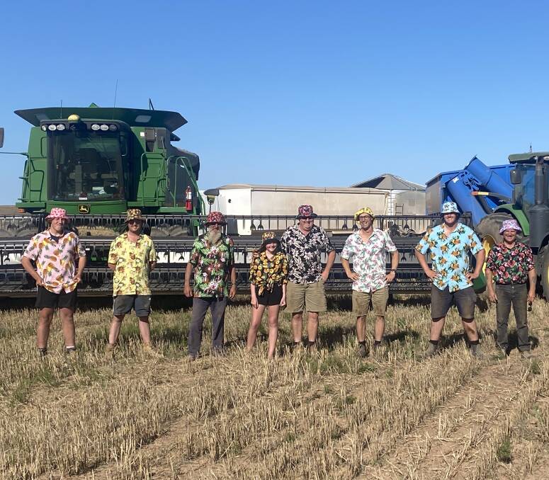 Tropical Theme: Zach Watson, Jack Hassall, Mark Brougham, Claire and Andrew Watson, James Lovelock, Harrison Hamilton and Gordon Mancktelow marked the end of harvest differently at the Watson farm in Wirrulla last week.