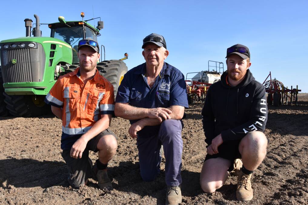 GO AHEAD: Brinkley Station's Shane Kennett, Neil Ziersch and Jarrad Cheyne started sowing sheep feed last week and were on to cereals this week. 
