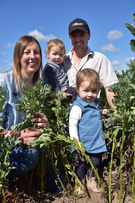 FULL OF BEANS: Emma and Craig Needs, Lameroo, with 21-month-old twin daughters Lana and Marnie - the sixth generation on-farm - inspecting Samira faba beans. 