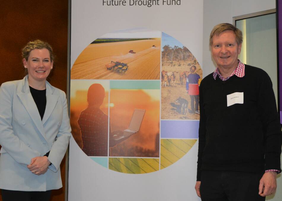 SA Drought Hub interim director Chris Preston at the Future Drought Fund Science to Practice Forum in-person event at the Adelaide Showground with Kate Gunn from the University of SA. Photo: AgCommunicators