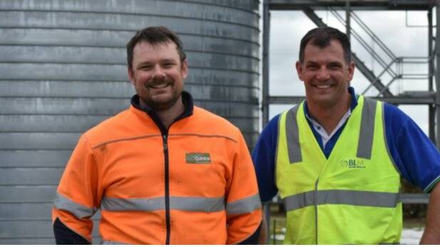 Biogass Renewables project manager Ross Merchant (left) and Blue Lake Milling commercial projects manager Jeremy Neale affront the new $8.1 million biogas plant in Bordertown. Photo: contributed.