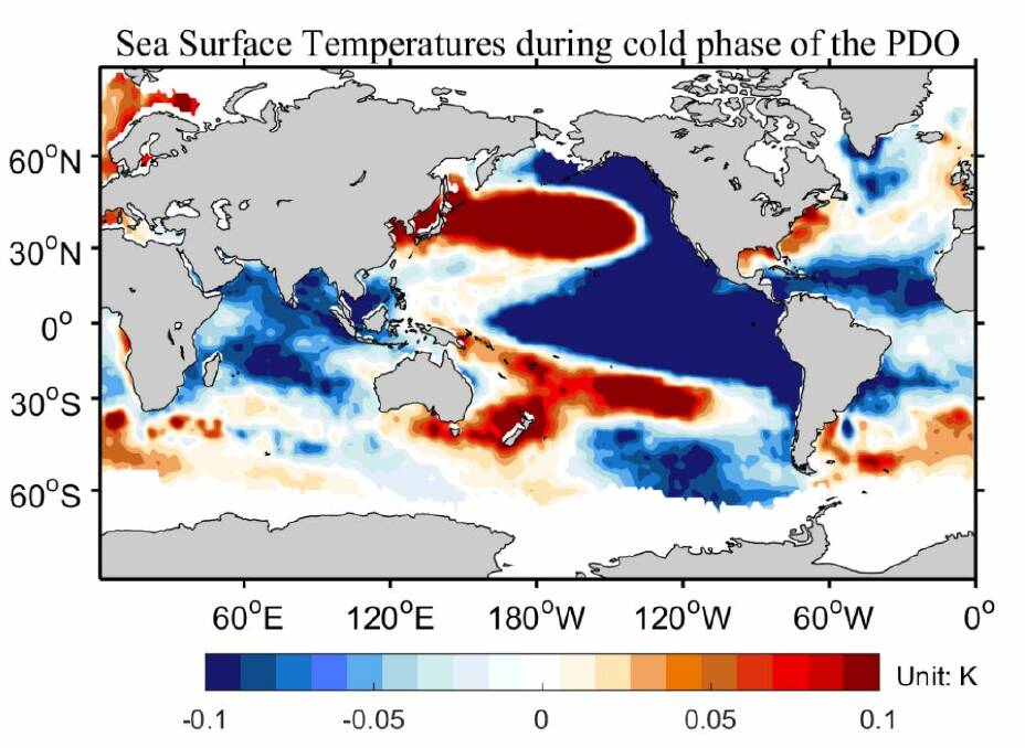 The cold phase of the Pacific Decadal Oscillation (pictured) is correlated with above average rainfall in Australia, but an El Nino in this phase can be more severe.
